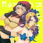  2girls bandeau black_gloves blue_eyes breasts cleavage earrings eyewear_on_head gloves highres hood jewelry jojo_no_kimyou_na_bouken kogatarou locked_arms long_hair mariah_(jojo) midler midriff mouth_veil multiple_girls pasties purple_hair star_pasties stardust_crusaders strapless sunglasses tan tube_top veil yellow_eyes 