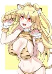  1girl :d alternate_costume animal_ears animal_hands animal_print bare_shoulders blonde_hair blush bra breasts chinese_zodiac claw_pose claws cleavage cowboy_shot fang gloves groin hands_up happy highres hip_focus kami_jigen_game_neptune_v large_breasts leaning_forward long_hair looking_at_viewer midriff navel neptune_(series) panties paw_gloves power_symbol red_eyes reward_available slit_pupils smile solo symbol-shaped_pupils tail tiger_ears tiger_girl tiger_paws tiger_print tiger_stripes tiger_tail underwear underwear_only very_long_hair year_of_the_tiger yellow_heart zatsu 