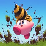  5health blue_eyes blue_sky blush_stickers dirt drill grass helmet highres jumping kirby kirby_and_the_forgotten_land motion_blur sky smile visor 