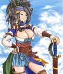  1girl anbj arm_belt armor belt belt_buckle black_hair braid breasts brown_belt brown_eyes brown_legwear buckle cleavage closed_mouth cloud commentary_request cowboy_shot dagger earrings feather_earrings feathers granblue_fantasy hair_ornament headband holster holstered_weapon jewelry knife large_breasts leather_armor necklace partial_commentary sig_(granblue_fantasy) smile solo sword weapon 