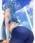  1girl aqua_(konosuba) artist_name ass ass_focus bare_arms bare_shoulders blue_hair blue_pants border breasts cloud commentary_request cowboy_shot eyebrows_visible_through_hair fence from_below hair_between_eyes hair_ornament hand_up highres kobi420 kono_subarashii_sekai_ni_shukufuku_wo! looking_at_viewer looking_back open_mouth pants parted_lips sideboob sky smile solo sports_bra sportswear sweat thigh_gap thighs toned white_border 