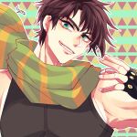  1boy bare_shoulders battle_tendency brown_hair fingerless_gloves gloves green_eyes green_scarf grin jojo_no_kimyou_na_bouken joseph_joestar joseph_joestar_(young) kogatarou male_focus multicolored_clothes multicolored_scarf scarf smile solo striped striped_scarf triangle_print yellow_scarf 