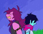  2021 anthro armband bodily_fluids clothed clothing crying deltarune dinosaur duo female hair human humor jones-wibu kris_(deltarune) kris_where_are_we long_hair male mammal meme obscured_eyes parody purple_body purple_hair reptile scalie sky spiked_armband spikes susie_(deltarune) tears undertale_(series) video_games 