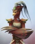 anthro armor avian breastplate clothing crossed_arms gem half-length_portrait headgear headwear looking_at_viewer male nintendo portrait rito shinigamigirl simple_background solo the_legend_of_zelda video_games 