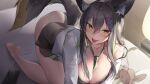 1girl :d absurdres all_fours animal_ear_fluff animal_ears ass bare_shoulders barefoot between_breasts black_bra black_hair black_panties black_skirt bra breasts character_request choyeon cleavage collarbone fang fox_ears fox_girl fox_tail hair_between_eyes hair_ornament hairclip highres large_breasts large_tail long_hair looking_at_viewer miniskirt necktie necktie_between_breasts off_shoulder open_clothes open_shirt panties shirt skirt smile solo strap_slip tail thighs tongue tongue_out underwear virtual_youtuber vrecord white_shirt x_hair_ornament yellow_eyes 