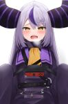  1girl absurdres ahoge ascot black_coat black_horns blush braid braided_bangs coat crying crying_with_eyes_open demon_girl demon_horns highres hololive horns huge_horns la+_darknesss long_hair looking_at_viewer multicolored_hair pointy_ears purple_hair purple_horns ring-con ring_fit_adventure silver_hair sleeves_past_fingers sleeves_past_wrists slit_pupils solo streaked_hair striped_horns suicei sweat tears virtual_youtuber yellow_ascot yellow_eyes 