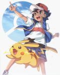  1boy artist_request ash_ketchum baseball_cap black_hair blush commentary_request electricity hat highres jacket male_focus open_mouth pikachu pokemon pokemon_(anime) pokemon_(creature) pondel shirt short_hair shorts 