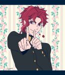  1boy earrings finger_to_mouth floral_print gakuran index_finger_raised jewelry jojo_no_kimyou_na_bouken kakyoin_noriaki kogatarou looking_at_viewer male_focus purple_eyes red_hair school_uniform shushing solo stardust_crusaders 