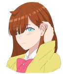  1girl adjusting_hair ahoge aqua_eyes bangs blunt_bangs blush bow bowtie brown_hair collared_shirt cropped_torso diamond-shaped_pupils diamond_(shape) ear_blush earrings eyes_visible_through_hair face hair_over_one_eye half-closed_eyes highres jacket jewelry kirarigaoka_middle_school_uniform kiratto_pri_chan long_bangs long_hair looking_at_viewer nijinosaki_dia oekaki pearl_earrings pink_bow pink_bowtie portrait pretty_(series) school_uniform shirt simple_background solo symbol-shaped_pupils tsumetai_breath white_background white_shirt yellow_jacket 