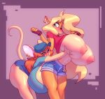  activision anthro anthro_on_anthro bandicoot big_breasts bigdad blonde_hair bottomwear breasts clothed clothing crash_bandicoot_(series) female female/female hair hi_res huge_breasts mammal marsupial mouse murid murine raised_clothing raised_shirt raised_topwear rodent shirt shorts tawna_bandicoot topwear video_games 