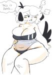  2022 angry anthro belly big_belly big_breasts big_butt black_ears black_tail breasts butt canid canine canis clenched_teeth clothed clothing dialogue digital_media_(artwork) domestic_dog english_text female floppy_ears fur gris_swimsuit hair mammal meme meme_clothing navel one-piece_swimsuit open_mouth overweight puppychan puppychan48 raised_tail simple_background slightly_chubby solo swimwear teeth text tight_clothing topwear translucent translucent_clothing white_background white_body white_fur wide_hips 