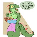  absurd_res anthro apron banana bowl breasts clothing container dialogue dinosaur dromaeosaurid female food fruit handwear hi_res kitchen_utensils oven_mitts plant reptile scalie skewedl0gic solo theropod tools whisk 