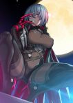  1girl bangs black_bodysuit black_cape black_hair bodysuit boots breasts cape cete_(controllingtime) claws full_body full_moon grin hair_between_eyes high_heel_boots high_heels highres honkai_(series) honkai_impact_3rd kneeling looking_at_viewer mole mole_under_mouth moon night night_sky nipple_tweak purple_eyes raven_(honkai_impact_3rd) sky smile solo spread_legs teeth 