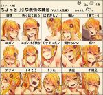  1girl afterglow arm_up armpits artist_self-insert at2. bangs blonde_hair blush breasts chart closed_eyes come_hither cum cum_in_mouth cum_on_tongue double_v expressions finger_to_mouth hair_ornament hand_on_own_cheek hand_on_own_chest hand_on_own_face headgear highres long_hair looking_at_viewer makeup mascara medium_breasts nape naughty_face nose_blush off_shoulder open_mouth orange_eyes orange_hair orgasm pain ponytail sidelocks smile solo swallowing sweat swept_bangs tongue tongue_out torogao translated tsurumaki_maki v voiceroid wince 