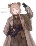  1girl black_gloves blush bullpup choker coat collared_shirt cowboy_shot double_bun girls&#039;_frontline gloves gun highres light_brown_hair necktie official_alternate_costume open_mouth p90 p90_(girls&#039;_frontline) rampart1028 red_eyes shirt short_hair smile solo submachine_gun weapon 