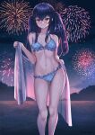  1girl bikini black_hair breasts cowboy_shot fireworks frilled_bikini frills highres looking_at_viewer medium_breasts night night_sky orange_eyes original plaid plaid_bikini ruby_suguri sky solo standing star_(sky) starry_sky summer_festival swimsuit twintails 