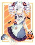  1girl black_sister blush breasts caro-xy drill_hair elbow_gloves gloves green_eyes halloween long_hair neptune_(series) one_eye_closed power_symbol silver_hair simple_background small_breasts solo symbol-shaped_pupils thighhighs twin_drills 