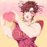  1boy battle_tendency biceps breast_padding brown_hair crossdressing dress eyeshadow green_eyes hair_ornament heart heart_hands highres jewelry jojo_no_kimyou_na_bouken joseph_joestar joseph_joestar_(tequila) joseph_joestar_(young) kogatarou lipstick makeup male_focus messy_hair muscular muscular_male necklace one_eye_closed pink_dress puckered_lips solo thick_eyebrows 