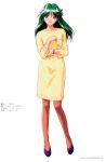  1990s_(style) 1girl asou_kasumi brown_eyes brown_hair brown_legwear copyright_name eyebrows_visible_through_hair full_body green_hair highres kokura_masashi long_hair long_sleeves looking_at_viewer official_art open_mouth page_number pantyhose retro_artstyle simple_background solo sweater tokimeki_memorial tokimeki_memorial_2 watch white_background wristwatch 