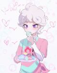  1boy ahoge bangs bede_(pokemon) blush closed_mouth collared_shirt commentary_request curly_hair eating eyebrows_visible_through_hair eyelashes grey_hair gvzzgl heart holding holding_plate male_focus pink_shirt plate pokemon pokemon_(game) pokemon_swsh purple_eyes shirt short_hair solo sparkle tied_shirt undershirt 