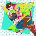  1boy abs boots brown_hair colorful crop_top crossed_legs denim fingerless_gloves floating gloves green_eyes green_scarf jeans jojo_no_kimyou_na_bouken joseph_joestar joseph_joestar_(young) knee_boots kogatarou licking_lips male_focus midriff multicolored_clothes multicolored_scarf one_eye_closed pants pointing polka_dot polka_dot_background salute scarf solo spiked_hair striped striped_scarf tongue tongue_out two-finger_salute yellow_lips 