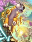  2022 alternate_color blurry commentary_request day electricity from_below highres no_humans outdoors petals pokemon pokemon_(creature) raikou red_eyes shiny_pokemon solo spareribs tusks twitter_username yellow_fur 