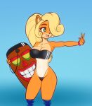  2022 absurd_res activision aku_aku anthro bandicoot blonde_hair bracelet breasts brown_body brown_fur chest_tuft clothing coco_bandicoot crash_bandicoot_(series) duo eyebrows eyelashes female fur gesture green_eyes gris_swimsuit hair hair_over_eye hi_res holding_object jewelry long_hair male mammal marsupial navel one-piece_swimsuit one_eye_obstructed open_mouth open_smile scorpdk smile swimwear tan_body tan_fur tuft v_sign video_games water 