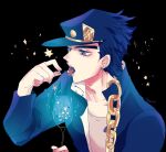  1boy bauble black_hair blue_eyes blue_hair chain cup drinking_glass gakuran hat highres jojo_no_kimyou_na_bouken kogatarou kujo_jotaro male_focus school_uniform solo sparkle stardust_crusaders starry_background tinsel wine_glass 