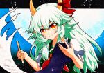  1girl :d bangs bow ex-keine eyebrows_visible_through_hair full_moon green_hair hair_bow highres holding holding_paintbrush horns kamishirasawa_keine long_hair looking_at_viewer moon open_mouth paintbrush pointy_ears puffy_short_sleeves puffy_sleeves qqqrinkappp red_bow red_eyes scroll short_sleeves sky smile solo star_(sky) starry_sky touhou traditional_media upper_body 