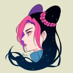  1girl black_hair braid braided_bun double_bun hair_down highres jojo_no_kimyou_na_bouken kogatarou kujo_irene kujo_jolyne lipstick long_hair makeup multicolored_hair pink_hair profile red_hair solo stone_ocean turtleneck two-tone_hair yellow_eyes 