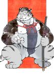  2022 absurd_res anthro asian_clothing belly clothing east_asian_clothing felid fundoshi hi_res humanoid_hands japanese_clothing kemono male mammal moobs nipples overweight overweight_male pantherine scar solo tiger underwear weapon yaoyasohachi 