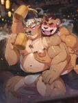  2022 alcohol angry anthro asian_clothing beer beverage blush bovid bovine brown_body bulge cattle clothing drunk duo east_asian_clothing eyes_closed fundoshi grope hi_res humanoid_hands japanese_clothing kemono male male/male mammal merfiller moob_grab moobs musclegut overweight overweight_male sitting substance_intoxication underwear ursid 