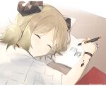  1girl arknights arm_up bangs brown_hair closed_eyes eyebrows_visible_through_hair head_on_table holding holding_pencil horns ifrit_(arknights) jacket low_twintails parted_bangs parted_lips pencil short_sleeves sleeping solo toufu_mentaru_zabuton twintails white_jacket 