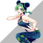  1girl black_hair blue_eyes braid bug butterfly double_bun fighting_stance green_hair green_lips heart jojo_no_kimyou_na_bouken kogatarou kujo_jolyne midriff multicolored_hair solo spider_web_print stone_ocean two-tone_hair 