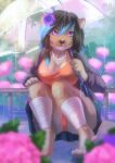  2022 4_toes 5_fingers anthro black_hair breasts clothed clothing day detailed_background digital_media_(artwork) eri-yo feet female fingers hair hi_res looking_at_viewer lutrine mammal mustelid outside purple_eyes smile toes umbrella 