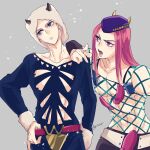  2boys black_eyes codpiece fishnet_top fishnets fur_hat hat highres horns jojo_no_kimyou_na_bouken kogatarou long_hair male_focus multiple_boys narciso_anasui pink_hair purple_eyes red_eyes red_hair stone_ocean weather_report 