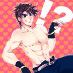  !? 1boy abs blush brown_hair clenched_teeth denim fingerless_gloves gloves green_eyes grimace heart heart_background highres jeans jojo_no_kimyou_na_bouken joseph_joestar joseph_joestar_(young) kogatarou male_focus muscular muscular_male no_nipples pants pectorals solo sweat teeth topless_male 