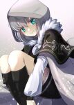  1girl aqua_eyes bangs black_cloak black_dress black_footwear blush boots breasts cloak dress fate/grand_order fate_(series) fur-trimmed_cloak fur_trim gray_(fate) grey_hair hood hooded_cloak knee_boots large_breasts long_hair long_sleeves looking_at_viewer lord_el-melloi_ii_case_files medium_breasts ryofuhiko sidelocks sitting smile solo 