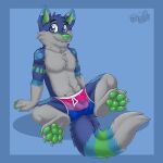  1:1 2021 anthro balls_outline biped bisexual_pride_colors blue_body blue_border blue_ears blue_eyes blue_fur blue_hair blush border briefs bulge canid canine canis cheek_tuft chest_tuft claws clothing cute_fangs detailed_bulge dipstick_tail eyebrows facial_tuft feet foot_fetish foot_focus fox fur gaokun genital_outline green_body green_claws green_fur green_inner_ear green_nose green_pawpads grey_body grey_fur hair hi_res hybrid lgbt_pride looking_at_viewer male mammal markings multicolored_body multicolored_ears multicolored_fur neck_tuft pawpads pride_colors purple_body purple_fur riggy_folf shadow simple_background sitting solo tail_markings toe_claws tuft two_tone_inner_ear underwear watermark white_ears white_inner_ear wolf 