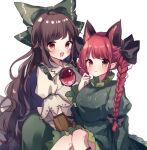  2girls animal_ears bangs black_bow blush bow braid breasts brown_hair cat_ears closed_mouth collar collared_shirt dress eyebrows_visible_through_hair fang green_bow green_dress green_skirt hair_bow hand_cannon hand_up juliet_sleeves kaenbyou_rin long_hair long_sleeves looking_at_viewer medium_breasts moshihimechan multiple_girls open_mouth pointy_ears puffy_short_sleeves puffy_sleeves red_eyes red_hair reiuji_utsuho shirt short_sleeves simple_background sitting skirt smile teeth third_eye tongue touhou twin_braids white_background white_shirt 