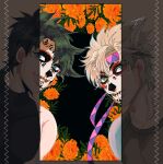  2boys bare_shoulders battle_tendency black_hair blonde_hair blue_eyes caesar_anthonio_zeppeli calavera dia_de_muertos facepaint facial_mark feather_hair_ornament feathers green_eyes grin hair_ornament headband highres jojo_no_kimyou_na_bouken joseph_joestar joseph_joestar_(young) kogatarou male_focus marigold multiple_boys revealing_layer skull smile triangle_print 