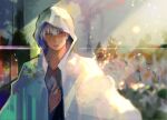  1boy bangs blurry blurry_background eyebrows_visible_through_hair grey_eyes grey_hair grey_jacket heterochromia highres hood hood_up jacket kaneki_ken kyuuba_melo looking_at_viewer male_focus parted_lips red_eyes solo teeth tokyo_ghoul 