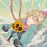  1boy blonde_hair blue_jacket bubble caesar_anthonio_zeppeli cloud facial_mark fingerless_gloves flower gloves headband highres jacket jojo_no_kimyou_na_bouken kogatarou male_focus pink_scarf scarf sleeping smile solo sunflower 