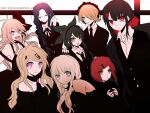  6+girls :d akamatsu_kaede antenna_hair bangs black_hairband black_jacket black_necktie black_ribbon blush braid brown_hair chabashira_tenko collared_shirt copyright_name danganronpa_(series) danganronpa_v3:_killing_harmony dress eyebrows_visible_through_hair glasses hair_ornament hair_over_one_eye hairband harukawa_maki iruma_miu jacket long_hair low_twintails mole mole_under_eye multiple_girls musical_note_hair_ornament neck_ribbon necktie off-shoulder_dress off_shoulder red_eyes red_scrunchie ribbon samesan_(e2bt3) scrunchie shirogane_tsumugi shirt short_hair smile teeth tongue toujou_kirumi twintails upper_teeth white_shirt yonaga_angie yumeno_himiko 