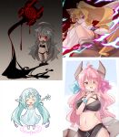  4girls :d ahoge animal_ear_fluff bangs bare_arms bare_legs bare_shoulders barefoot bikini black_bikini blonde_hair blue_hair borrowed_character breasts brown_eyes brown_shorts chibi cleavage closed_mouth commentary_request dress eyebrows_visible_through_hair fang flower grey_hair hair_between_eyes hair_flower hair_ornament high_ponytail highres holding holding_flower holding_sword holding_weapon japanese_clothes kimono large_breasts long_hair long_sleeves low_twintails multiple_girls off-shoulder_dress off_shoulder original pink_hair ponytail power_symbol purple_eyes red_eyes ryogo short_shorts shorts side-tie_bikini smile swimsuit sword twintails two-handed v-shaped_eyebrows very_long_hair weapon white_dress white_flower white_kimono wide_sleeves 