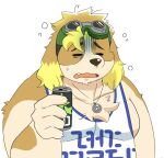  2022 absurd_res amiami_1125 anthro can canid canine canis clothing container domestic_dog eyes_closed hi_res hisaki_(live-a-hero) kemono lifewonders live-a-hero male mammal overweight overweight_male shirt simple_background solo tired topwear video_games white_background 