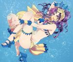  1girl blue_eyes breasts earrings forehead_jewel high_heels highres jewelry jojo_no_kimyou_na_bouken kogatarou loincloth long_hair midler midriff pasties ponytail purple_hair shoes single_shoe solo star_pasties underwater veil wavy_hair 