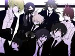  6+boys :d ahoge alternate_costume amami_rantarou bandaged_hand bandages bangs black_headwear black_jacket black_necktie brown_gloves brown_hair collared_shirt copyright_name danganronpa_(series) danganronpa_v3:_killing_harmony ear_piercing eyebrows_visible_through_hair facial_hair formal glasses gloves goatee gokuhara_gonta green_eyes green_hair grin hair_between_eyes hand_up hoshi_ryouma jacket keebo long_hair momota_kaito multiple_boys necktie ouma_kokichi piercing pink_eyes red_eyes saihara_shuuichi samesan_(e2bt3) shinguuji_korekiyo shirt short_hair smile suit teeth upper_body upper_teeth white_shirt 