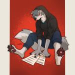  2021 anthro axontatsu barefoot black_nose bottomwear canid canine canis claws clothed clothing domestic_dog feet fur grey_body grey_fur grey_hair hair hair_over_eye hi_res hoodie male mammal multicolored_body multicolored_fur one_eye_obstructed pants paper pawpads red_eyes sitting solo toe_claws topwear white_body white_fur 