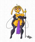  anthro arthropod bee big_breasts bottomwear breasts cleavage clothed clothing female hand_on_hip hi_res hymenopteran insect loincloth looking_at_viewer multi_arm multi_limb smile solo tansau wide_hips yellow_body 